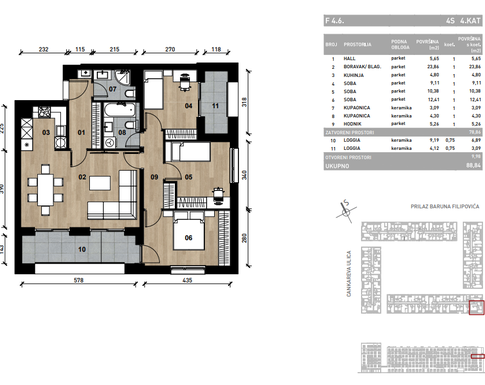 Slika Četverosobni poslovni prostor - apartman od 88,84 m² u novogradnji na križanju Prilaza baruna Filipovića i Cankareve ulice u Zagrebu