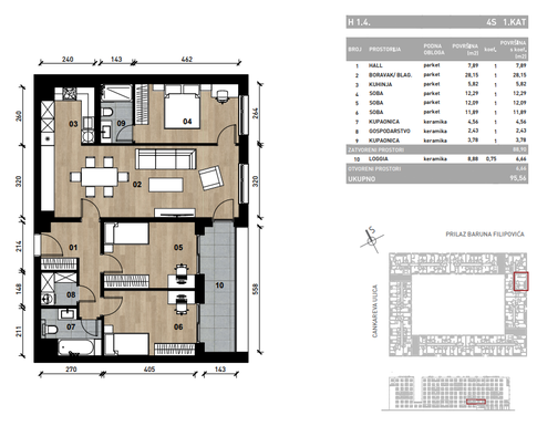 Slika Četverosobni poslovni prostor - apartman od 95,56 m² u novogradnji na križanju Prilaza baruna Filipovića i Cankareve ulice u Zagrebu