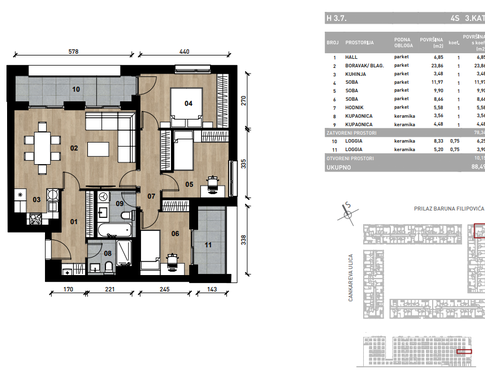Slika Četverosobni poslovni prostor - apartman od 88,49 m² u novogradnji na križanju Prilaza baruna Filipovića i Cankareve ulice u Zagrebu