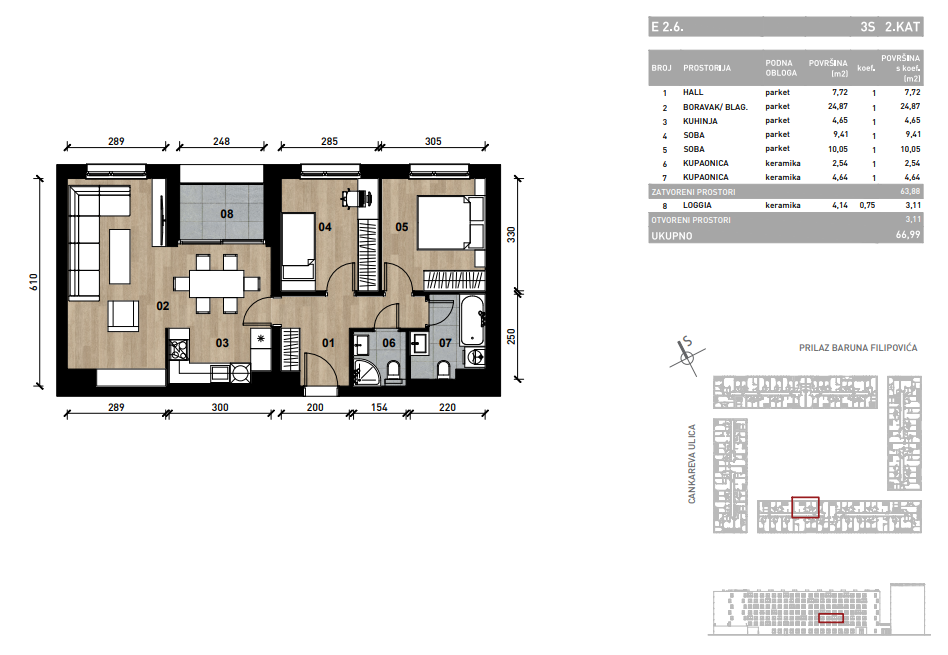 Slika Trosobni poslovni prostor - apartman od 68,29 m² u novogradnji na križanju Prilaza baruna Filipovića i Cankareve ulice u Zagrebu