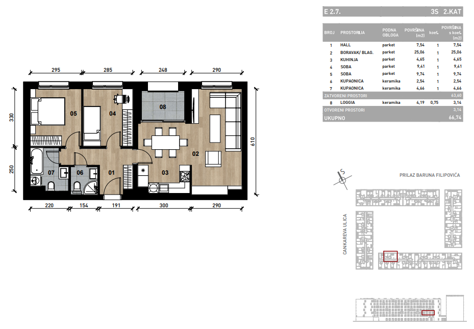 Slika Trosobni poslovni prostor - apartman od 68,87 m² u novogradnji na križanju Prilaza baruna Filipovića i Cankareve ulice u Zagrebu