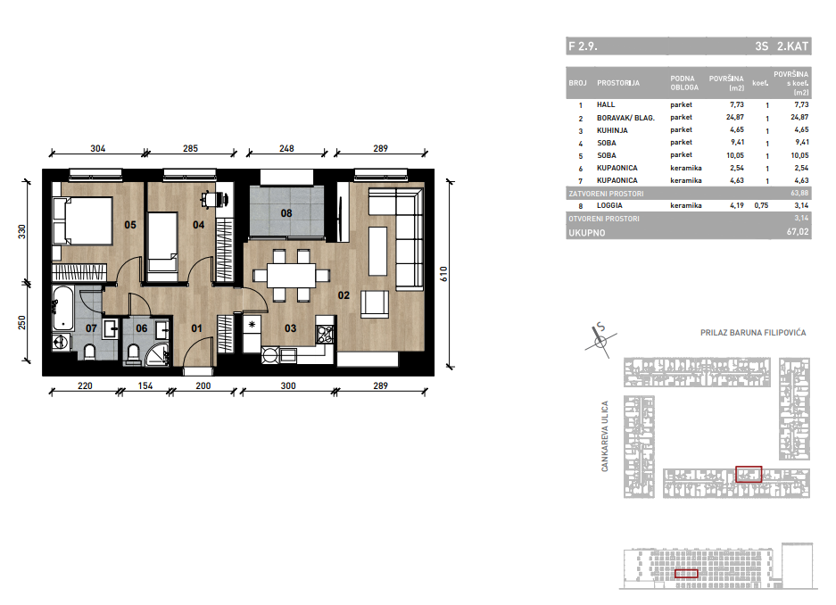 Slika Trosobni poslovni prostor - apartman od 67,02 m² u novogradnji na križanju Prilaza baruna Filipovića i Cankareve ulice u Zagrebu