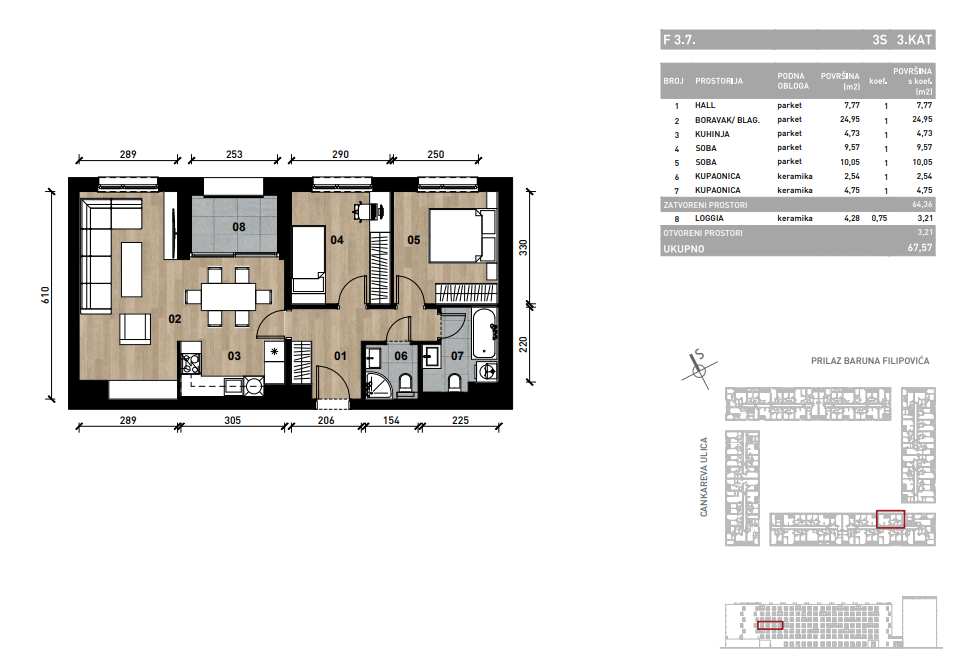 Slika Trosobni poslovni prostor - apartman od 67,57 m² u novogradnji na križanju Prilaza baruna Filipovića i Cankareve ulice u Zagrebu