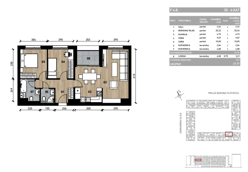 Slika Trosobni poslovni prostor - apartman od 67,77 m² u novogradnji na križanju Prilaza baruna Filipovića i Cankareve ulice u Zagrebu